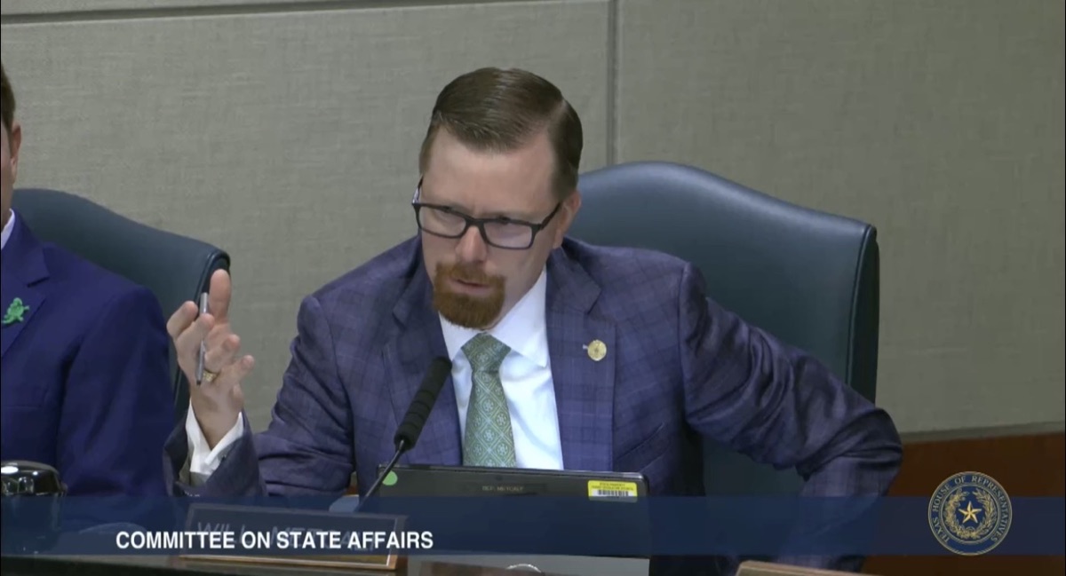 State Representative Will Metcalf speaks during a Texas House Committee on State Affairs hearing.